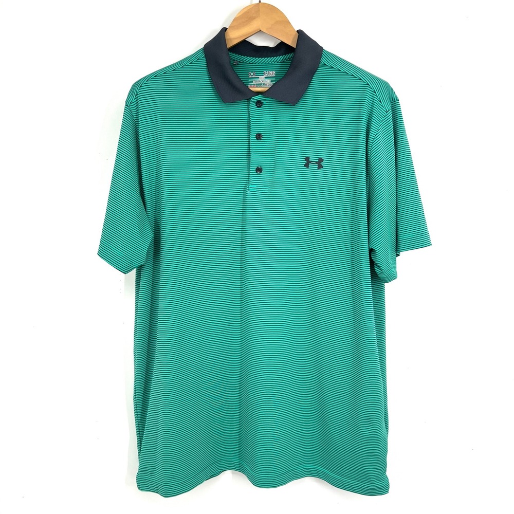 Under Armour Mens XL Polo Shirt Green Black Striped HeatGear Loose‎ Fit